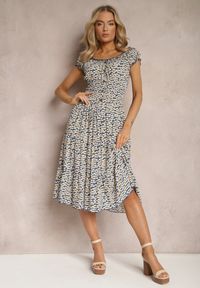 Renee - Niebiesko-Żółta Rozkloszowana Sukienka z Wiskozy Midi z Guzikami Firla. Kolor: niebieski. Materiał: wiskoza. Styl: elegancki. Długość: midi #4