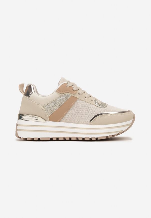 Born2be - Beżowe Sneakersy na Grubej Ozdobnej Podeszwie z Brokatem Tarseli. Kolor: beżowy