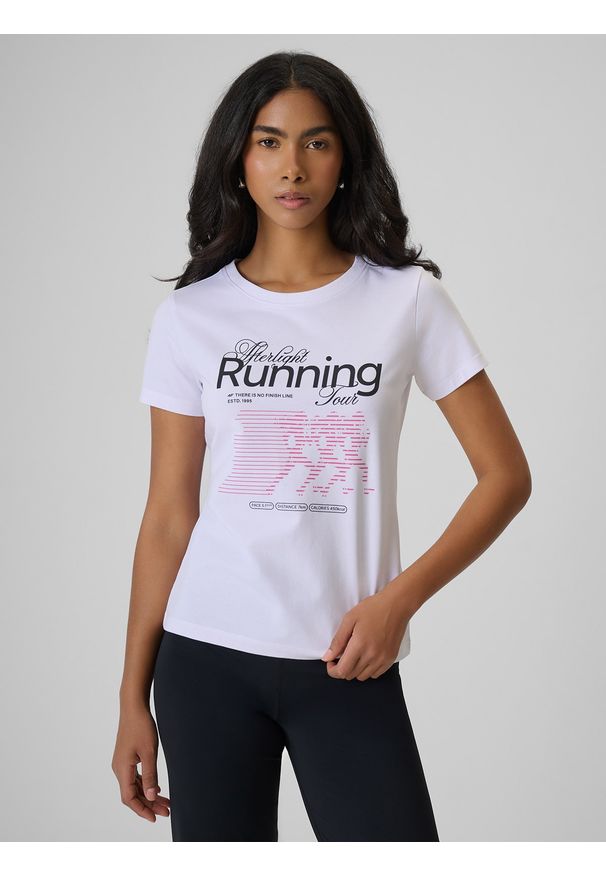 4f - 4F T-shirt slim z nadrukiem damski - biały L. Okazja: na co dzień. Kolor: biały. Materiał: dzianina, materiał, bawełna, jeans. Wzór: nadruk. Styl: casual, klasyczny