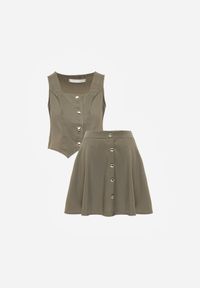 Born2be - Zielony Elegancki Komplet Kamizelka i Rozkloszowana Spódnica z Guzikami Merireida. Kolor: zielony #2