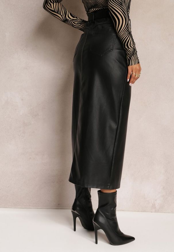 Renee - Czarna Ołówkowa Spódnica Maxi z Ekoskóry Evell. Okazja: na co dzień. Stan: podwyższony. Kolor: czarny. Styl: casual, elegancki