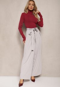 Renee - Szare Eleganckie Spodnie w Garniturowym Stylu High Waist Ozdobione Paskiem w Talii Wenelsea. Okazja: do pracy. Stan: podwyższony. Kolor: szary. Długość: długie. Wzór: aplikacja. Styl: elegancki