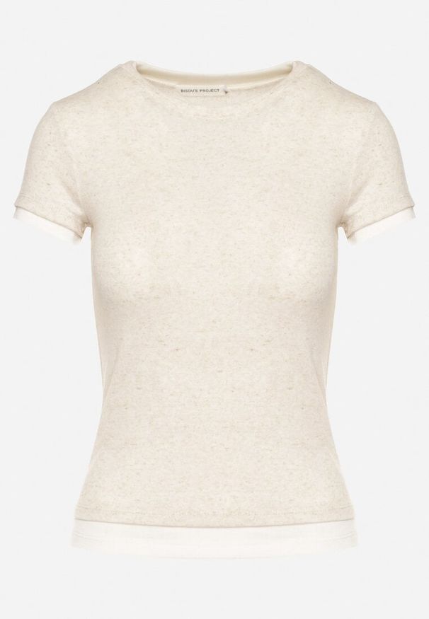 Born2be - Beżowy T-shirt z Lnem o Dopasowanym Kroju Salionaria. Okazja: na co dzień. Kolor: beżowy. Materiał: len. Styl: klasyczny, casual