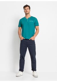 bonprix - T-shirt z dekoltem henley z krótkim rękawem, z efektem sprania, z czystej bawełny organicznej. Typ kołnierza: typu henley. Kolor: niebieski. Materiał: bawełna. Długość rękawa: krótki rękaw. Długość: krótkie. Wzór: nadruk #3