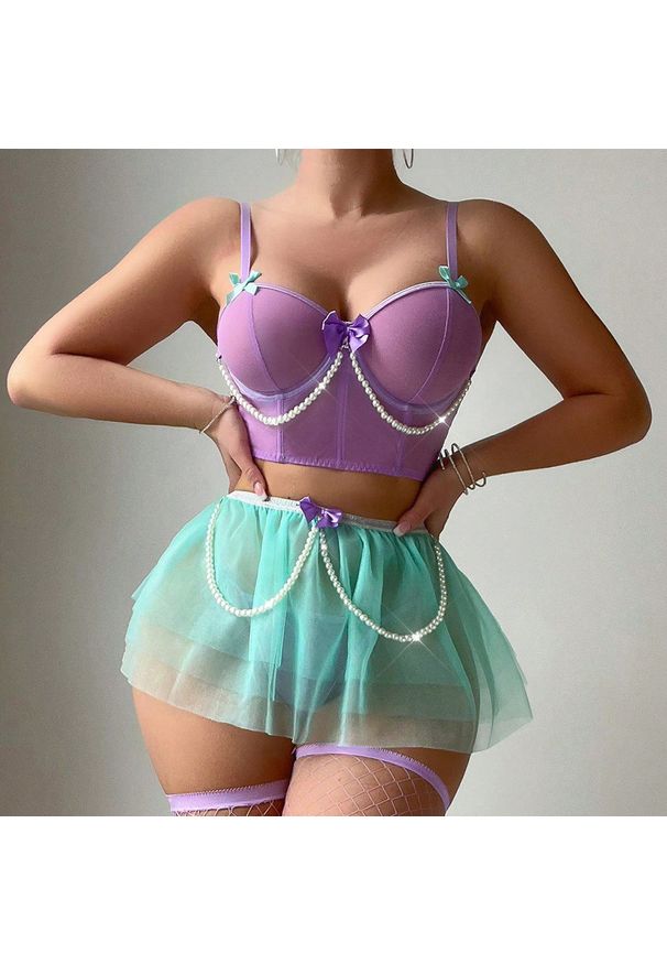 Intica - Komplet bielizny z tiulową baskinką z perełkami Lilieana. Kolor: wielokolorowy. Materiał: tiul. Wzór: aplikacja