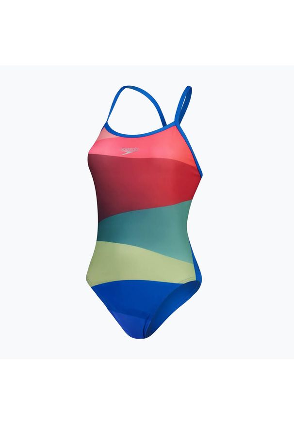 Strój pływacki jednoczęściowy damski Speedo Placement Digital Turnback. Kolor: czerwony, wielokolorowy, zielony. Wzór: nadruk