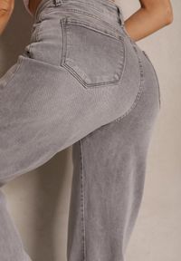 Renee - Jasnoszare Jeansy z Bawełny o Szerokim Kroju High Waist Ozdobione Przetarciami Silmoi. Okazja: na co dzień. Stan: podwyższony. Kolor: szary. Wzór: aplikacja. Styl: casual