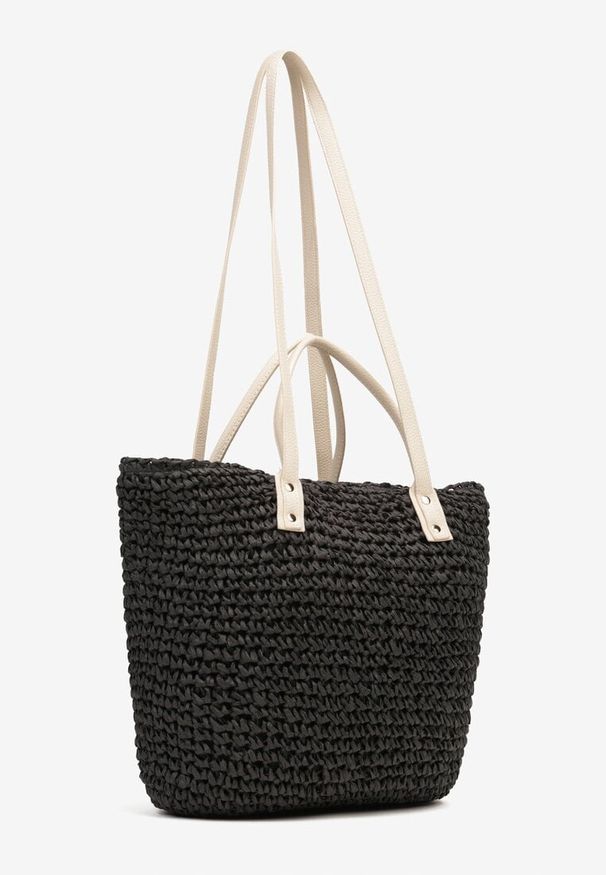 Born2be - Czarna Torebka Pleciona z Kieszonką z Imitacji Skóry Zayara. Kolor: czarny. Materiał: skórzane. Styl: klasyczny, casual. Rodzaj torebki: przez ramię