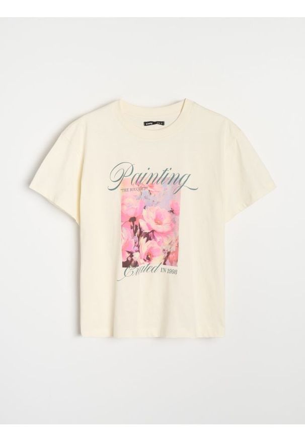 Sinsay - Bawełniana koszulka z nadrukiem - kremowy. Kolor: kremowy. Materiał: bawełna. Wzór: nadruk