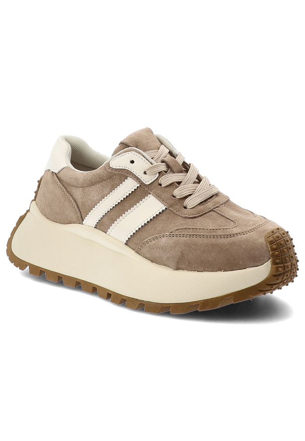 Sneakersy damskie S.Barski, cholewka skóra naturalna zamszowa kontrastowe panele wiązanie klasyczne fason niski zaokrąglony nosek masywna wizualnie p. Kolor: beżowy. Materiał: zamsz, skóra. Szerokość cholewki: normalna. Styl: klasyczny