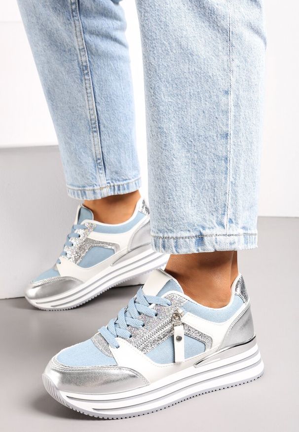 Renee - Niebieskie Brokatowe Sneakersy na Grubej Podeszwie ze Sznurowaniem i Suwakiem Irollia. Kolor: niebieski. Wzór: aplikacja