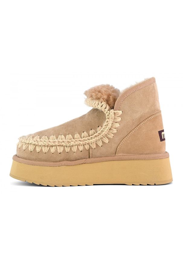 Mou - MOU Mini Eskimo Platform Boot Śniegowce damskie. Wysokość cholewki: przed kostkę. Kolor: beżowy. Materiał: zamsz, materiał, wełna. Szerokość cholewki: normalna. Sezon: zima. Obcas: na platformie. Styl: elegancki, klasyczny