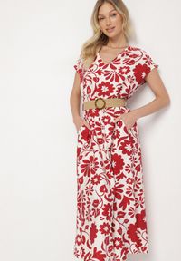 Born2be - Czerwona Wiskozowa Sukienka o Rozkloszowanym Kroju z Ozdobnym Paskiem z Klamrą Zarolena. Okazja: na co dzień, na spacer, na imprezę. Typ kołnierza: dekolt w kształcie V. Kolor: czerwony. Materiał: wiskoza. Sezon: lato. Typ sukienki: rozkloszowane. Styl: casual, elegancki #6