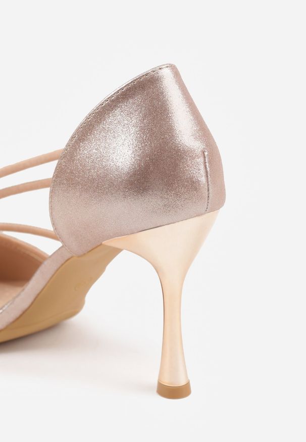 Renee - Szampańskie Szpilki VICES z Ozdobnymi Paseczkami z Cyrkoniami w Eleganckim Stylu Jaenlith. Kolor: złoty. Materiał: satyna. Obcas: na szpilce. Styl: elegancki