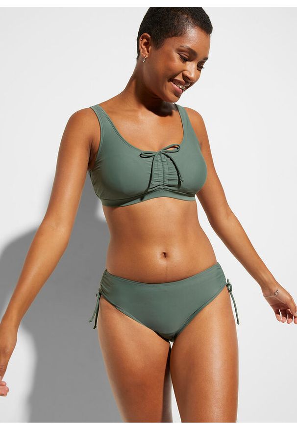 bonprix - Bikini bustier (2 części) z wiązanym paskiem. Kolor: zielony. Materiał: poliamid. Wzór: nadruk