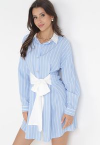 Born2be - Jasnoniebieska Wiskozowa Sukienka Mini o Fasonie Koszuli Zapinana na Guziki Romola. Kolor: niebieski. Materiał: wiskoza. Długość rękawa: długi rękaw. Typ sukienki: koszulowe. Długość: mini #1
