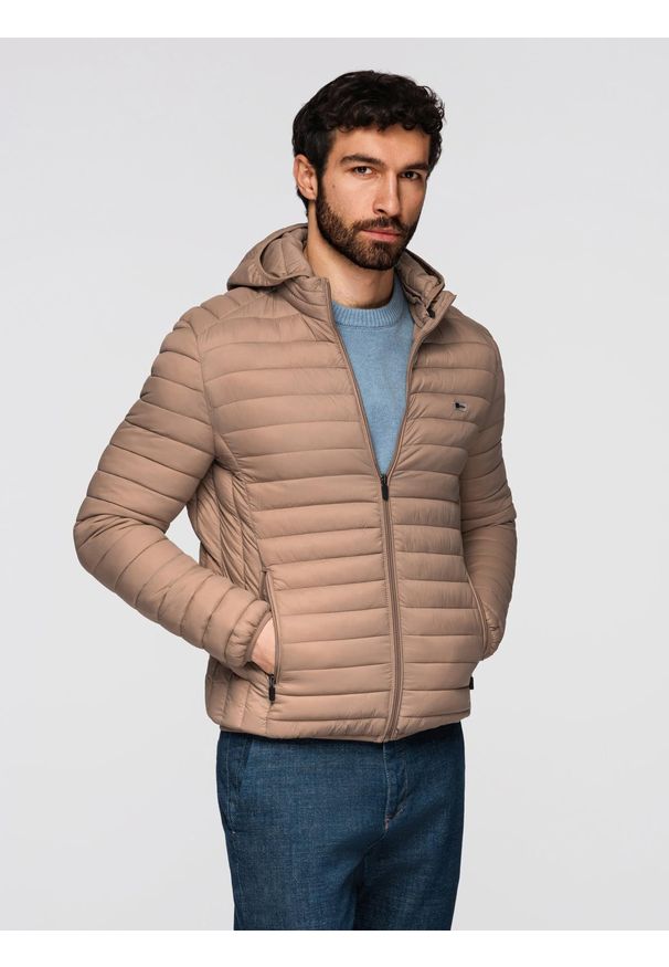 Ombre Clothing - Męska kurtka pikowana pakowana w worek - brązowa V4 - Rozmiar: M. Typ kołnierza: kołnierzyk stójkowy. Kolor: brązowy. Materiał: poliester, nylon, materiał