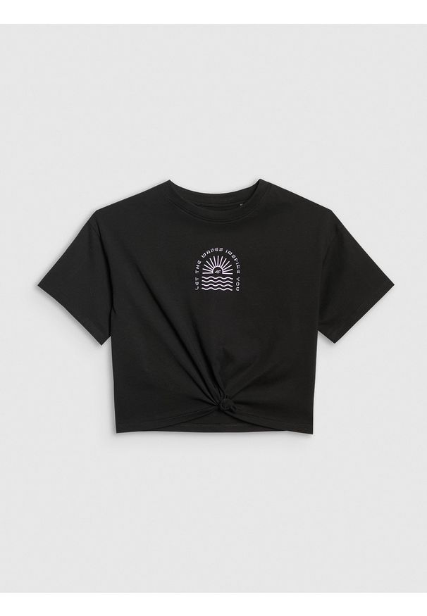 4f - 4F T-shirt oversize crop top z nadrukiem dziewczęcy - czarny 146 (10-11 lat). Kolor: czarny. Wzór: nadruk. Sezon: lato