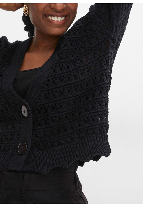 bonprix - Kardigan w ażurowy wzór z czystej bawełny. Kolor: czarny. Materiał: bawełna. Wzór: ażurowy