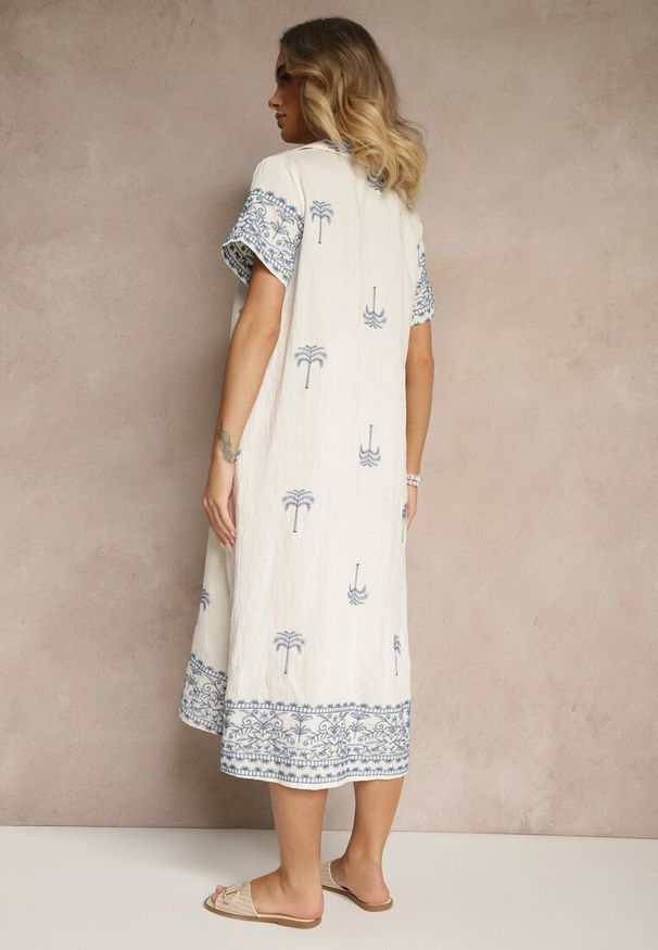 Renee - Biała Sukienka z Wiskozą o Pudełkowym Kroju z Kołnierzykiem z Haftem Sanavelle. Okazja: na co dzień. Kolor: biały. Materiał: wiskoza. Długość rękawa: krótki rękaw. Wzór: haft. Styl: elegancki, casual