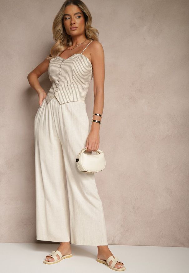 Renee - Beżowe Szerokie Spodnie z Lnem High Waist Sanitria. Okazja: na co dzień. Stan: podwyższony. Kolor: beżowy. Materiał: len. Styl: elegancki, casual