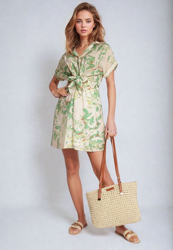 Born2be - Zielona Sukienka Taliowana z Koszulową Górą w Abstrakcyjny Wzór Namselle. Okazja: na co dzień. Kolor: beżowy. Materiał: jeans, wiskoza. Typ sukienki: koszulowe. Styl: casual, klasyczny