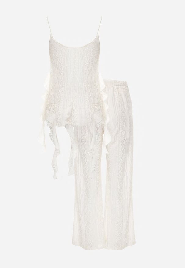 Renee - Beżowy Eteryczny Komplet z Koronką i Falbankami Top i Spodnie Wide Leg Pretilaine. Kolor: beżowy. Materiał: koronka. Wzór: koronka