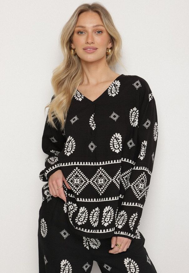 Born2be - Czarny Komplet w Stylu Rustykalnym Luźna Bluzka i Spodnie z Wiskozą Emilaris. Kolor: czarny. Materiał: wiskoza. Wzór: aplikacja