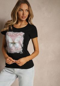 Renee - Czarny T-shirt z Bawełny Ozdobiony Cyrkoniami i Motylem Uliadwena. Okazja: na co dzień. Kolor: czarny. Materiał: bawełna. Wzór: aplikacja. Styl: sportowy, klasyczny, casual