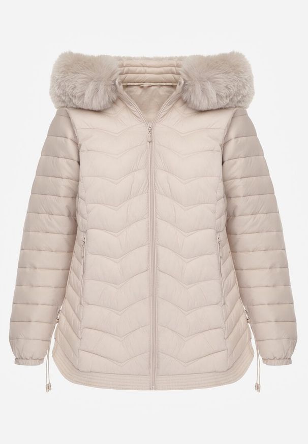 Renee - Jasnobeżowa Przejściowa Kurtka z Pikowaniem Bocznymi Ściągaczami i Kapturem Fezizia. Okazja: na co dzień. Kolor: beżowy. Materiał: futro, jeans, poliester. Styl: casual, elegancki