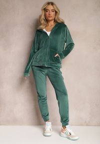Renee - Ciemnozielony Welurowy Komplet Dresowy 2-Częściowy z Bluzą z Kapturem i Spodniami Fiksena. Kolor: zielony. Materiał: dresówka, welur #4