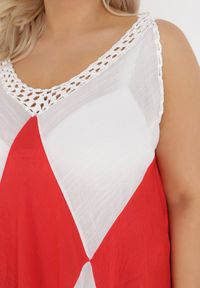 Born2be - Biało-Czerwona Tunika Nyssaia. Okazja: na plażę. Kolor: biały. Długość rękawa: bez rękawów. Wzór: ażurowy, aplikacja, kolorowy #3
