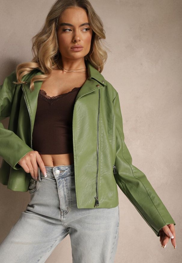 Renee - Zielona Klasyczna Kurtka Ramoneska Ilanitha. Okazja: na co dzień. Kolor: zielony. Materiał: jeans. Styl: klasyczny