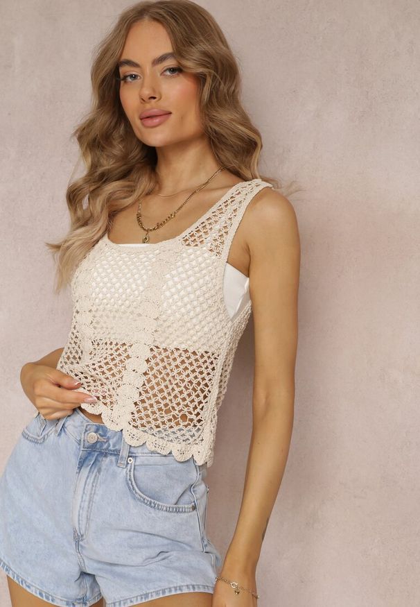 Renee - Beżowa Bawełniana Bluzka Top w Szydełkowym Stylu Aphia. Kolor: beżowy. Materiał: bawełna. Długość rękawa: na ramiączkach