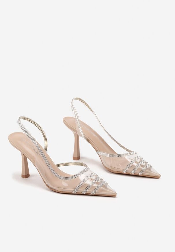 Renee - Beżowe Sandały Transparentne z Cyrkoniami na Obcasie Typu Szpilka Felinira. Okazja: na imprezę. Nosek buta: szpiczasty. Zapięcie: pasek. Kolor: beżowy. Materiał: jeans. Obcas: na obcasie. Styl: wizytowy, elegancki. Wysokość obcasa: średni