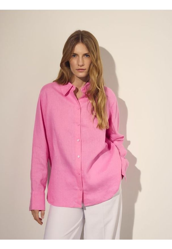 Reserved - Lniana koszula - różowy. Kolor: różowy. Materiał: len