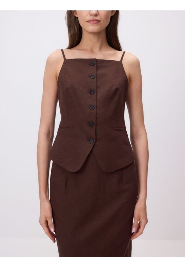 Reserved - Kamizelka na ramiączka - brązowy. Kolor: brązowy. Materiał: bawełna, len, wiskoza, tkanina. Długość rękawa: na ramiączkach