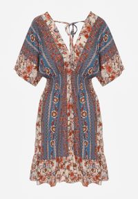 Born2be - Beżowo-Granatowa Sukienka Mini z Wiskozy z Gumkami w Talii z Falbanką Hypalina. Kolor: beżowy. Materiał: wiskoza. Długość: mini #2