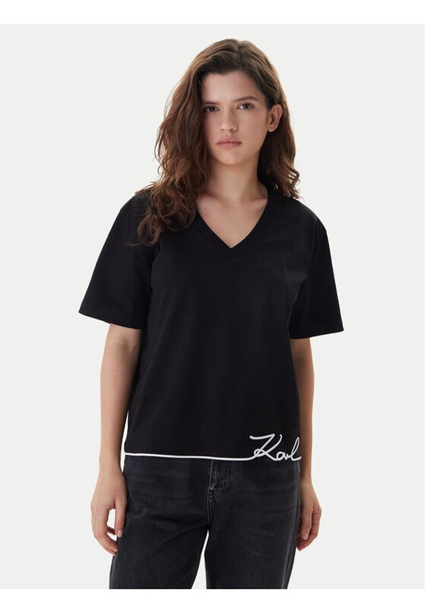 Karl Lagerfeld - KARL LAGERFELD T-Shirt B1W17031 Czarny Relaxed Fit. Typ kołnierza: dekolt w karo. Kolor: czarny. Materiał: bawełna