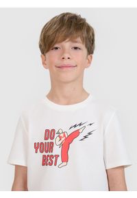 4f - 4F T-shirt regular z nadrukiem chłopięcy - biały 164 (13-14 lat). Okazja: na co dzień. Kolor: biały. Materiał: bawełna, jersey, dzianina. Długość rękawa: krótki rękaw. Długość: krótkie. Wzór: nadruk. Sezon: lato. Styl: klasyczny, sportowy, casual