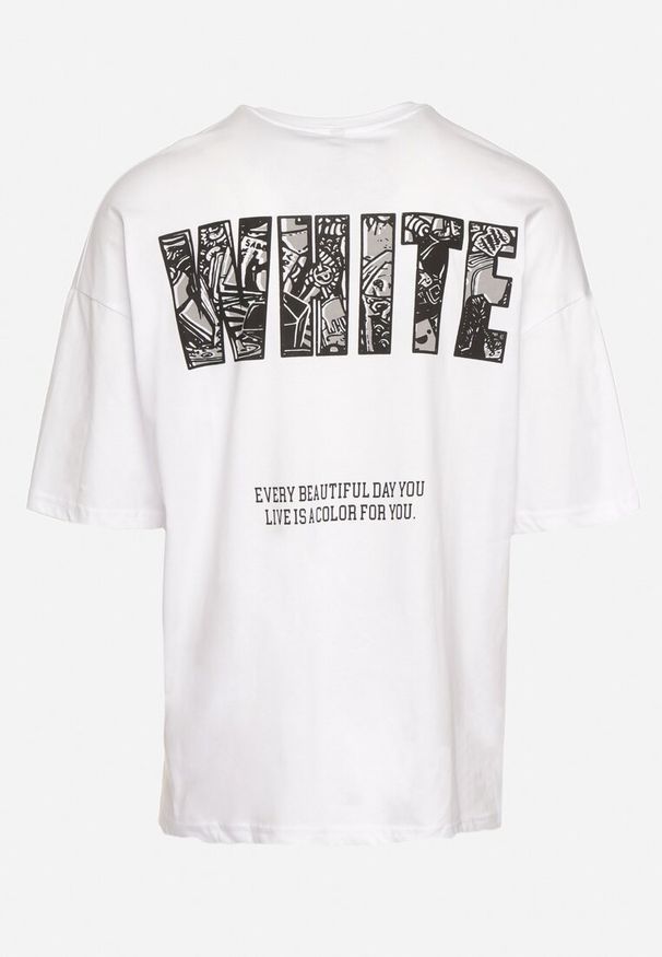 Born2be - Biała Bawełniana Koszulka T-shirt z Ozdobnym Nadrukiem Sanestia. Okazja: na co dzień. Kolor: biały. Materiał: bawełna. Wzór: nadruk. Styl: klasyczny, casual, elegancki