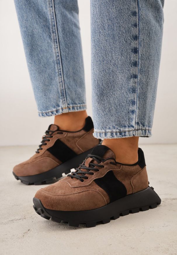 Born2be - Ciemnobrązowe Sneakersy z Zamszu Naturalnego z Perforacją na Grubej Podeszwie Cezarisse. Kolor: brązowy. Materiał: zamsz