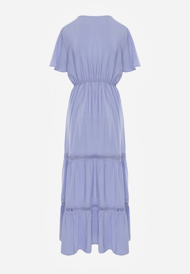 Renee - Jasnoniebieska Rozkloszowana Sukienka Maxi z Gumką w Talii i Koronkowym Dekoltem Cheteia. Kolor: niebieski. Materiał: koronka. Sezon: wiosna, lato. Długość: maxi