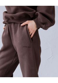 DOLLINA - Brązowe spodnie dresowe. Kolor: brązowy. Materiał: dresówka. Wzór: haft #6