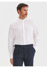 Pako Lorente - PAKO LORENTE - Biała koszula męska z lnu i bawełny. Typ kołnierza: kołnierzyk stójkowy. Kolor: biały, niebieski. Materiał: bawełna, len. Długość rękawa: długi rękaw. Długość: długie. Wzór: gładki. Sezon: wiosna