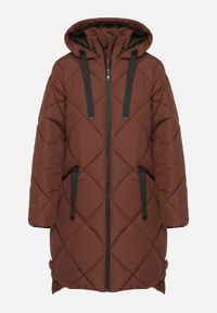 Born2be - Brązowa Kurtka z Kapturem i Kieszeniami w Kraciaste Pikowane Przeszycia Ettaline. Okazja: na co dzień. Typ kołnierza: kaptur. Kolor: brązowy. Materiał: jeans. Styl: sportowy, klasyczny, casual, elegancki #2