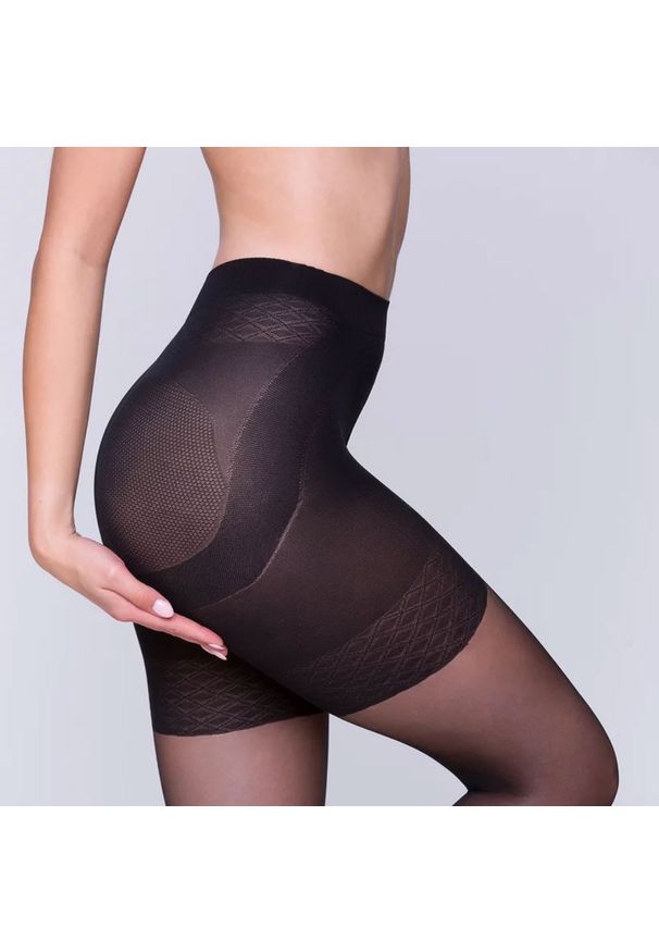 Rajstopy Gabriella Push Up 20 den nero. Stan: podwyższony. Kolor: czarny. Materiał: elastan, skóra, poliamid, bawełna. Wzór: gładki