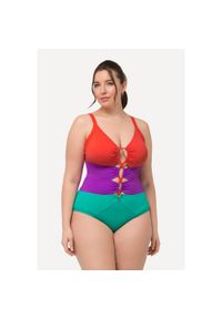 ULLA POPKEN - Damski Kostium kąpielowy szerokie kolorowe pasy miękkie miseczki wycięcia. Kolekcja: plus size. Kolor: zielony. Materiał: elastan, poliamid, materiał. Wzór: kolorowy
