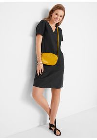 bonprix - Sukienka mini z lnem. Typ kołnierza: dekolt w serek. Kolor: czarny. Materiał: tkanina, len. Długość rękawa: krótki rękaw. Długość: mini, midi #2
