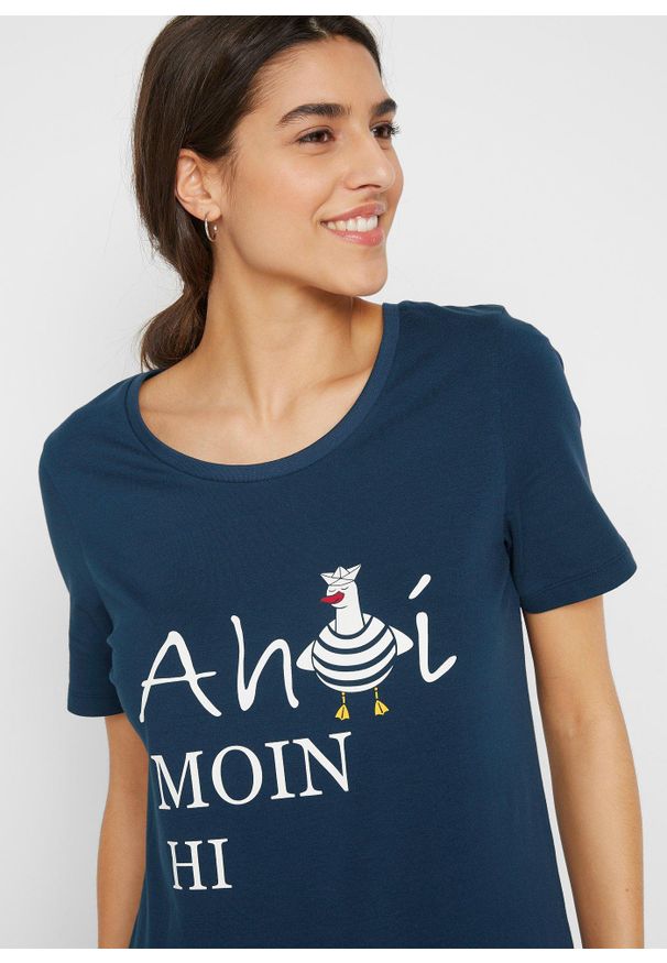 bonprix - T-shirt z mieszanki bawełny. Kolor: niebieski. Materiał: bawełna. Wzór: nadruk